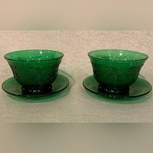 Vintage Forest Green Anchor Hocking Sandwich Custard Cups & Plates Depression